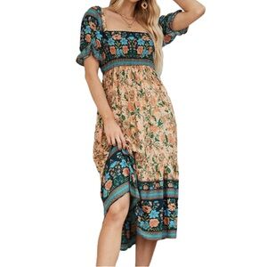 Bohemian, Floral Off-Shoulder Midi Dress | Smocked Bodice | Peasant Style, SizeL